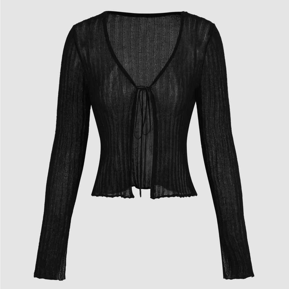 Ribbed Tie Front Black Cardigan Medium
